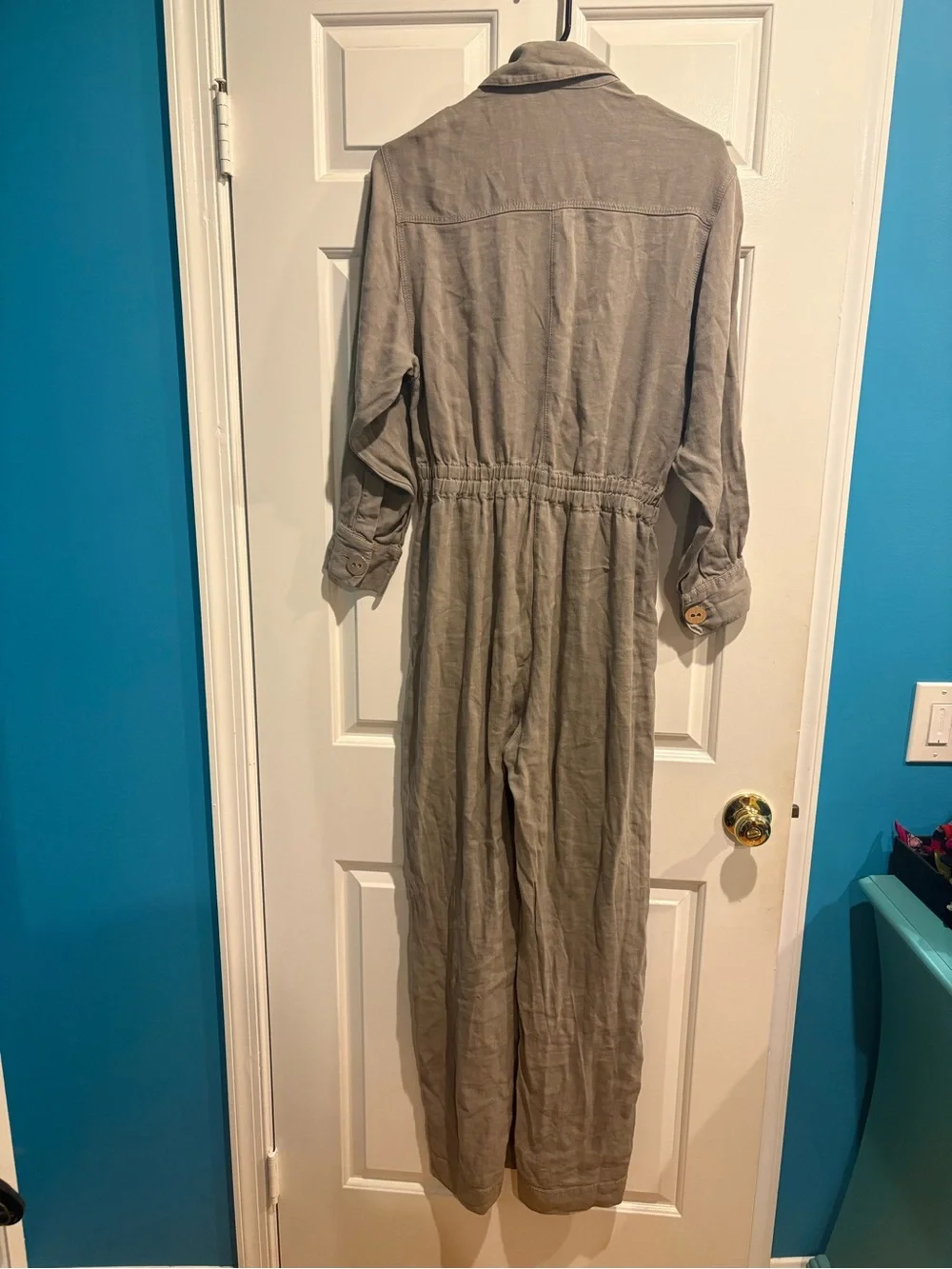 Zara utility coverall jumpsuit M taupe zipper elastic waist safari linen blend